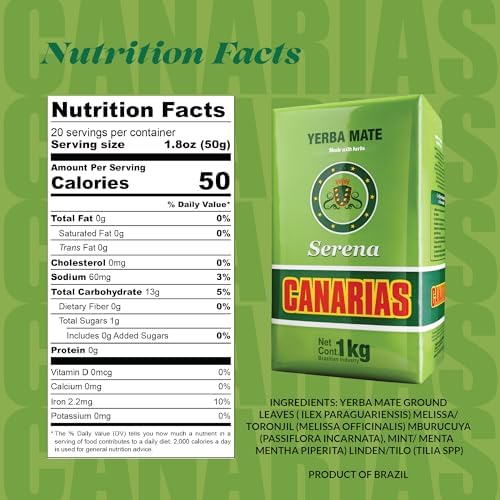 Canarias Serena Yerba Mate 2.2 lb (1 kg) - Herbal Yerba Mate Tea with Melissa, Passionflower & Mint - Ground Leaf Mate - Smooth & Balanced Flavor