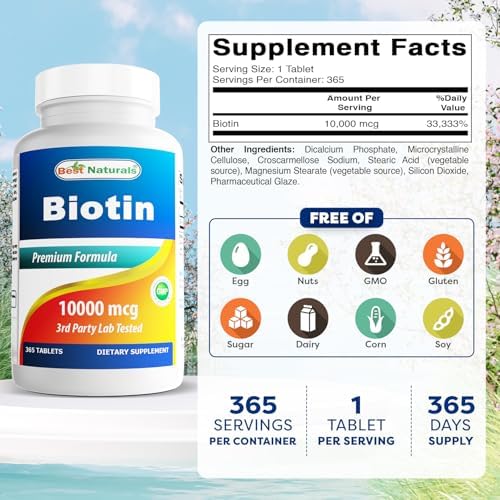 Best Naturals Biotin (Also Called Vitamin B7), 10,000 mcg 365 Tablets (365 Count (Pack of 2))