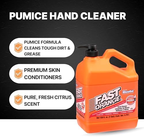 Fast Orange 25219 Pumice Lotion, Heavy Duty Hand Cleaner, Natural Citrus Scent, Waterless Cleaner for Mechanics, Strong Grease Fighter, 1 Gallon