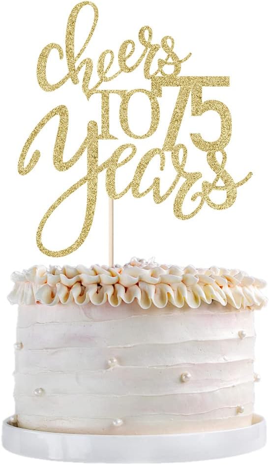 Gold Glitter Cheers to 75 years Cake topper, Happy 75th Birthday Cake Decorations,Perfect for 75 Years Cake Decorating,Wedding/Anniversary Party Decorating supplies.