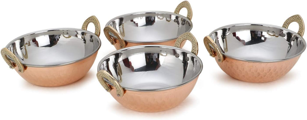 ® Set of 4, Indian Copper Serveware Karahi Vegetable Dinner Bowl with Solid Brass Handle for Indian Food, Diameter- 13 cm (5.2 Inches), Silver