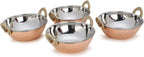 ® Set of 4, Indian Copper Serveware Karahi Vegetable Dinner Bowl with Solid Brass Handle for Indian Food, Diameter- 13 cm (5.2 Inches), Silver