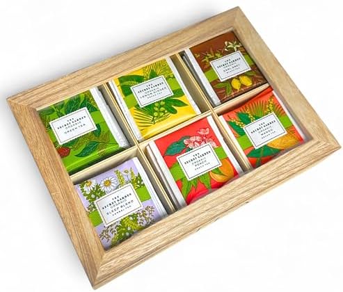 Premium Organic Wooden Tea Sampler Gift Box With 6 Flavors Made With Real Ingredients, Non-GMO and Dye Free, Includes Green Tea, Peach, Mango, Earl Grey, Sleep Blend, Lemon Ginger (60 Bags)