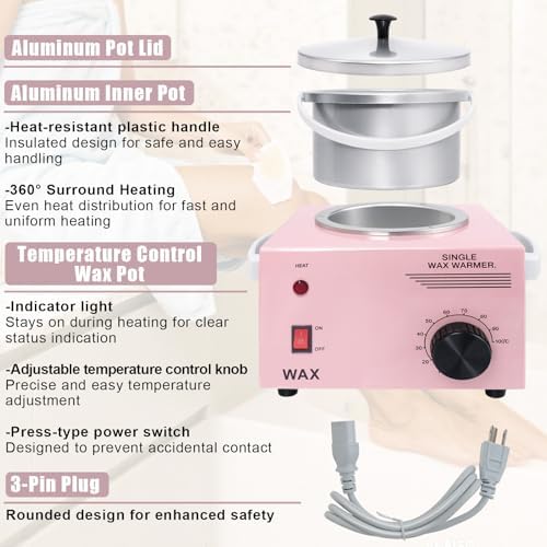 Electric Wax Warmer Machine for Body Hair Removal Hot SPA Aluminum Heater with Wooden Wax Sticks-Single Pot (Pink)