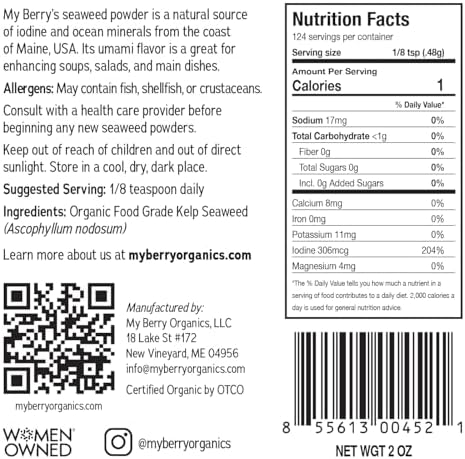 Organic Maine Coast Kelp Seaweed Powder 2oz by My Berry | Dark Green, Fresh Kelp Only | (Ascophyllum Nodosum) | US Atlantic Ocean Grown