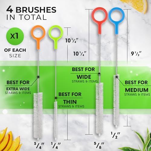 Heavy Duty Cleaning Brushes Set of 4 - Extra Long Straw Cleaners for Metal and Plastic Reusable Drinking Straws, to Clean Small Spaces, Sippy Cups, Water Bottles - Sturdy Hard Brush Bristles