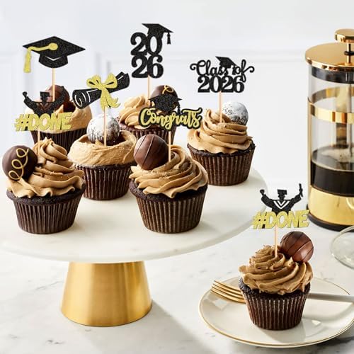 24pcs Glitter Black Golden 2026 Graduats Diploma Cupcake Toppers Class of 2026 Grad Cap DONE Cupcake Picks Cake Decorations for 2026 Graduation Theme Party Supplies