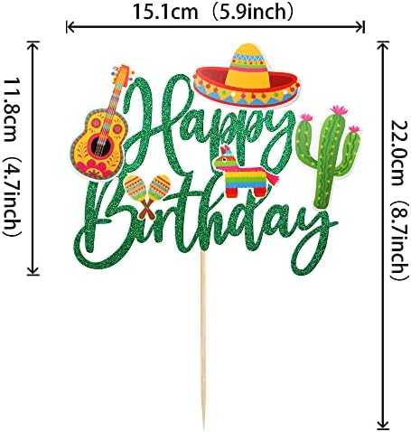 1 PCS Mexican Fiesta Happy Birthday Cake Topper Glitter Cactus Donkey Maraca Sombrero Guitar Cake Pick for Mexican Fiesta Theme Baby Shower Birthday Party Cake Decorations Supplies