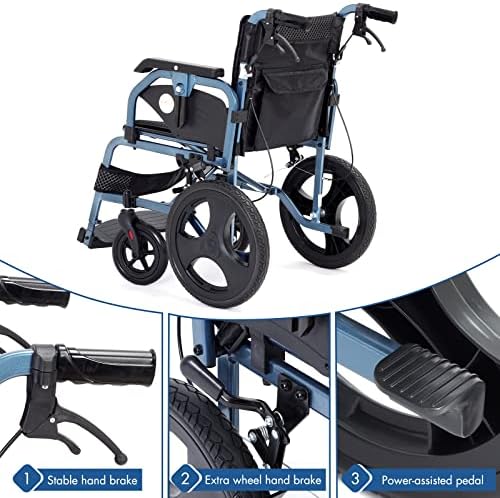 Foldable Lightweight Wheelchair with Handbrakes, Wheelchairs for Adults, Weights Only 28.5 lbs, Durable Square Tube and Flip Up & Height Adjust Armrest (15inch Rear Wheel)