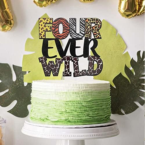 Four Ever Wild Cake Topper, Jungle Safari Theme 4th Birthday Party Decorations, Fourth Birthday Cake Topper, Animal Print Giraffe Tiger Zebra Leopard Cake Decoration