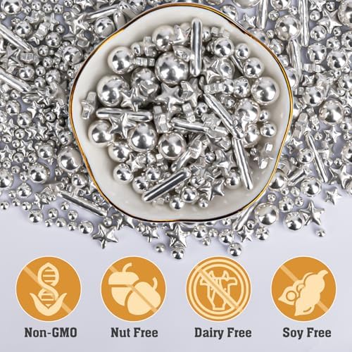 Twisweet Silver Pearl Rods Star Sprinkles, Edible Sugar Sprinkles for Cake Decorating, Mix Size Candy Pearls for Baking Cake Topper Ice Cream Cupcake Cookie Dessert Decorations, Wedding Valentines Birthday Christmas Easter Supplies (130g/4.58oz)