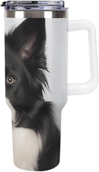 40 Oz Coffee Border Collie Tumbler with Lids And Straws Leakproof Thermal Cup Double Vacuum Insulated Stainless Steel Sport Water Bottle Cup Travel Mug for Hot Cold Drinks- White Handle