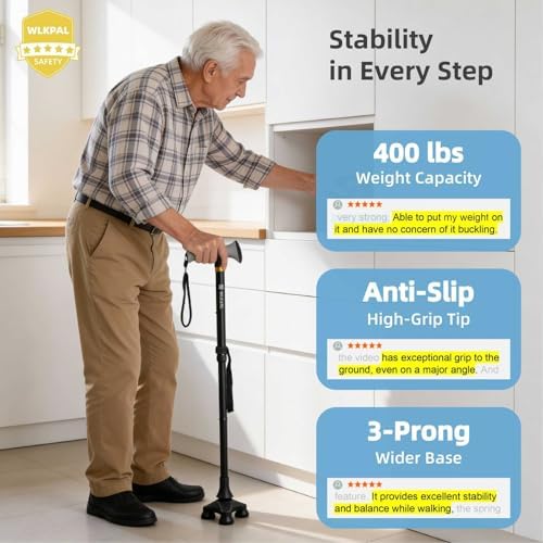 Heavy-Duty Series Folding Freedom Walking Cane – Elastic Self-Standing Tripod Base (2026 Upgraded), 400 lbs Capacity, Ergonomic Soft-Grip Handle, Collapsible & Adjustable Canes for Stability