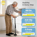 Heavy-Duty Series Folding Freedom Walking Cane – Elastic Self-Standing Tripod Base (2026 Upgraded), 400 lbs Capacity, Ergonomic Soft-Grip Handle, Collapsible & Adjustable Canes for Stability