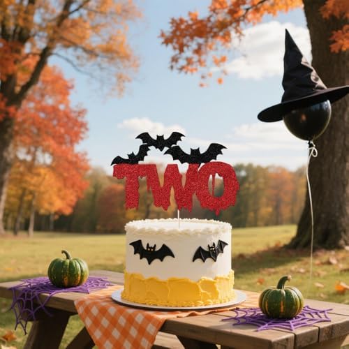 Halloween TWO Cake Topper with Black Bats, 2nd Birthday Themed Spooky Decoration for Halloween Baby second Birthday Party Supplies (TWO)