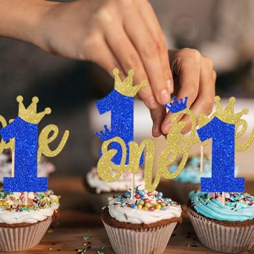 Rsstarxi 24 Pack One Cupcake Toppers Glitter First Birthday Cupcake Pick Decorations Crown Cake Decorations for Baby Shower Party Decorations Blue Gold