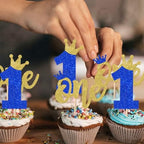 Rsstarxi 24 Pack One Cupcake Toppers Glitter First Birthday Cupcake Pick Decorations Crown Cake Decorations for Baby Shower Party Decorations Blue Gold