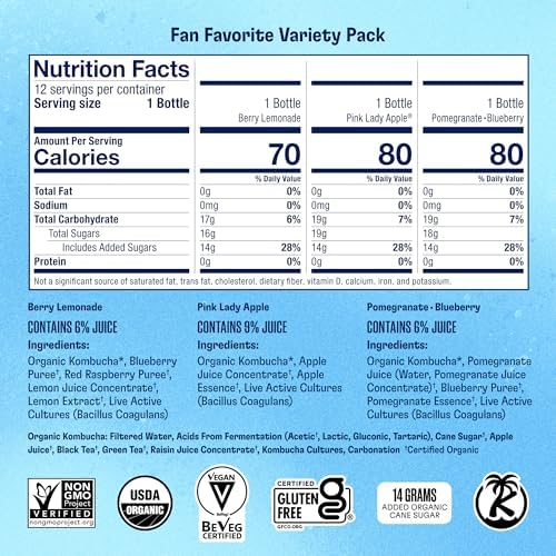 Health-Ade Fan Favorite Variety Pack Kombucha Tea, Organic Drink with Living Probiotics, Detoxifying Acids, Supports Gut Health, Non-GMO, Vegan, Gluten Free, 12 Pack (16 Fl Oz Bottles)