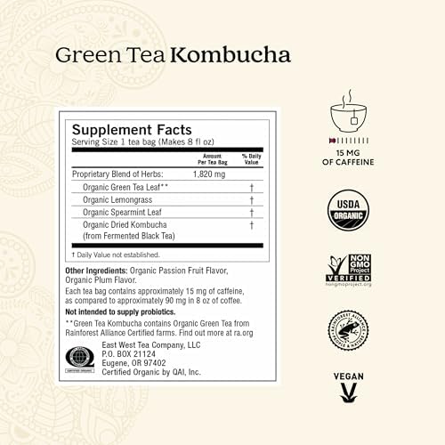 Yogi Tea Green Kombucha Tea - 16 Bags per Pack (4 Packs) - Organic - With Kombucha to Support Overall Health - Includes Lemongrass, Spearmint Leaf & More
