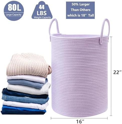80L Extra Large Purple Hamper Laundry Basket for Nursery Kids 16Dx22H inches Tall Lavender Blanket Basket for Girls Cotton Rope Lilac Clothes Hamper in Bedroom