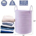 80L Extra Large Purple Hamper Laundry Basket for Nursery Kids 16Dx22H inches Tall Lavender Blanket Basket for Girls Cotton Rope Lilac Clothes Hamper in Bedroom