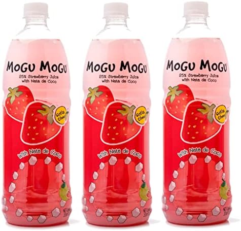 [Pack of 3] [Free Measuring Spoon] Mogu Mogu Juice with Nata De Coco - 33.8 Fl Oz Large Family Size (Strawberry), 320 ml
