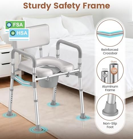 SOUNDFUSE Bedside Commode Chair with Padded Seat and Backrest, Aluminum Dual-Crossbar, Height Adjustable, Portable Toilet for Seniors and Adults, Potty Bucket and Splash Guard, 350 lbs Weight Capacity