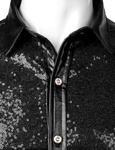 ZEROYAA Men's Shiny Metallic Sequin Long Sleeve Button Down Shirts for Halloween Cosplay Party