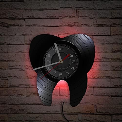 12 Inch Dental Tooth LED Wall Clock with 7 Luminous Modes, Modern Decorative Analog Vinyl Record Wall Clock Silent Quartz Non Ticking for Dental Clinic Office Decor Dentist Doctors Gifts