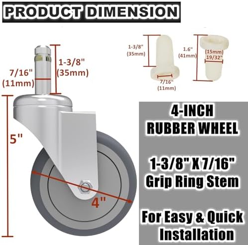 4-Inch Swivel Stem Caster, 7/16-Inch Stem Diameter Rubber Wheel, Heavy Duty TPR Replacement Wheels for Rubbermaid Mop Bucket Cart Grill Casters - 4 Pack