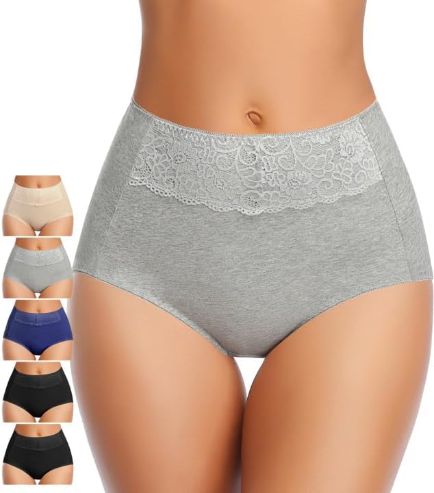 MISSWHO Women's High Waisted Cotton Underwear Soft Breathable Full Coverage Stretch Briefs Ladies Panties 5-Pack
