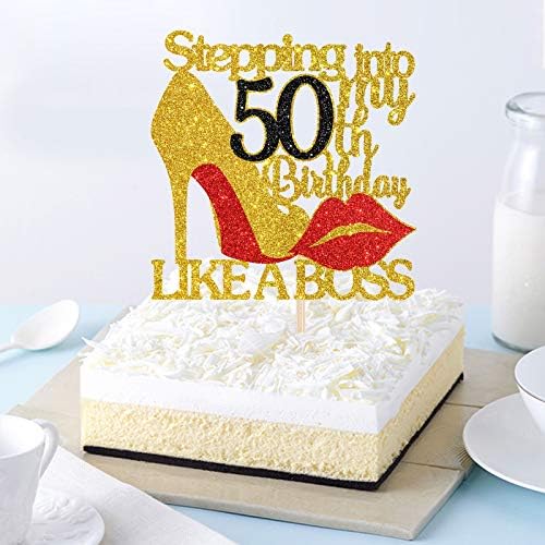 Gold Red Glitter Stepping into 50 Cake Topper - 50th Birthday Cake Decor - Stepping into My 50th Birthday Like a Boss - Happy Bday Party Cake Decorations for Women