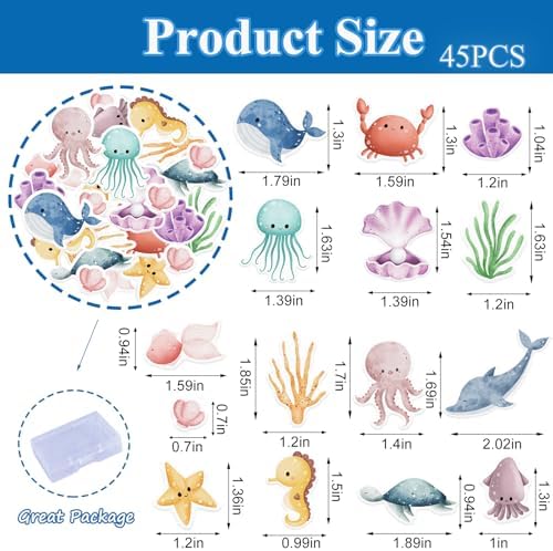 45pcs Edible Ocean Animal Cupcake Toppers Wafer Paper Under the Sea Theme Birthday Cake Decorations Turtles Octopus Seahorse Cupcake Picks for Ocean Creature Theme Birthday Party Decor