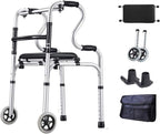 Folding Walkers, Lightweight Aluminum Alloy Rehabilitation Auxiliary Toilet Frames with Padded Seat and Wheels, Height Adjustable Elderly Walking Mobility Aid