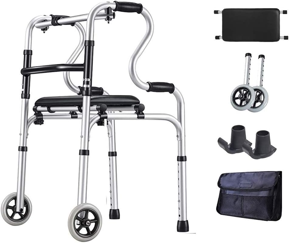 Folding Walkers, Lightweight Aluminum Alloy Rehabilitation Auxiliary Toilet Frames with Padded Seat and Wheels, Height Adjustable Elderly Walking Mobility Aid