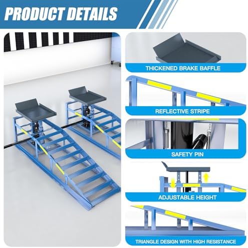 2 Heavy-Duty Car Ramps, 5-Ton (5000 kg) Capacity, High-Load Hydraulic Ramps with Reflective Strips for Safe Nighttime Use, Adjustable Height from 9.8 to 15 in, Usable as Workshop Lifting Platform