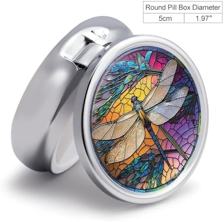 Transparent 3-Compartment Medicine Pill Case, Portable Round Pill Box for Pocket or Purse, Decorative Metal Medicine Vitamin Organizer. (Dragonfly)