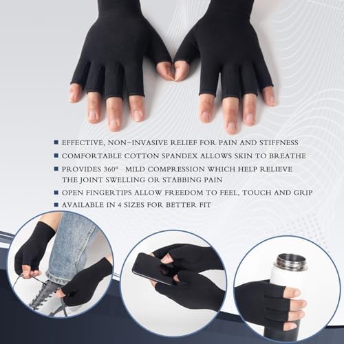 Arthritis Compression Gloves for Women Men, Fingerless Breathable & Moisture Wicking Compression Gloves for Relieving Carpal Tunnel Aches, Rheumatoid Pains, Joint Swell Black S