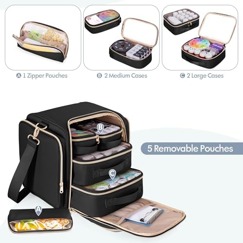 Medicine Storage Bag with 5 Removable Pouches, Pill Bottle Organizer Bag with Shoulder Strap, Large Medication Travel Bag for Medical Supplies, Black(Only Empty Bag)