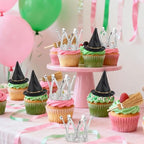 Hooqict 24PCS Mini Witch Hat with Broom and Silver Crown Cupcake Toppers Birthday Cake Topper Decorations for Girls Women Pink and Green Witch Princess Party Decorations Supplies