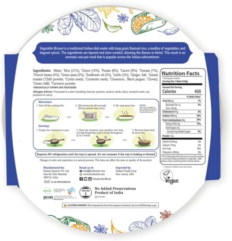 Food Earth Ready to Eat Vegetable Biryani – Organic, Vegan, Gluten-Free Indian Meal – Microwavable, Plant-Based Prepackaged Lunch – 8.81 oz Each (Pack of 6)