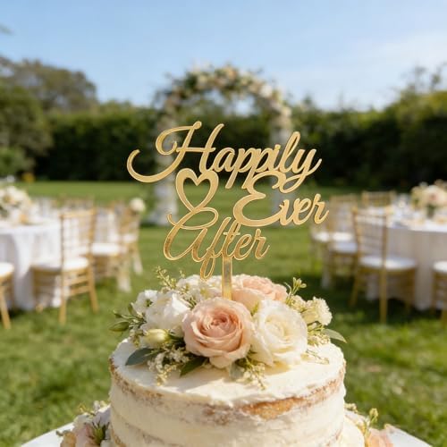 Gold Happily Ever After Cake Topper,Acrylic Marriage Cake Decor for Wedding Engagement Bridal Shower Vow Renewal Anniversary Party Decoration Supplies