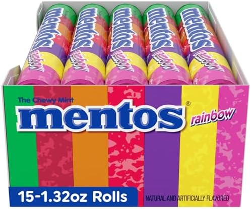 Mentos Chewy Mint Candy Roll, Rainbow Mint Candies, 14 Pieces Per Roll, 15 Count Party Pack