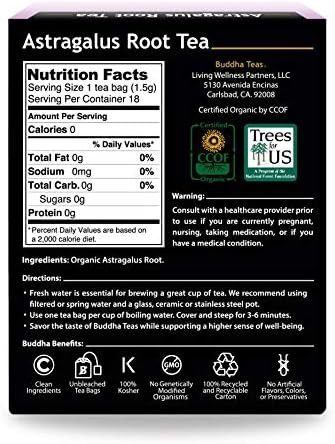 Buddha Teas Organic Astragalus Root Tea - OU Kosher, USDA Organic, CCOF, 18 Bleach-Free Tea Bag