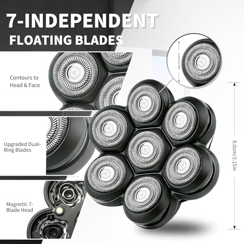 Magnetic 7-Blade Head Shaver Replacement Heads, Waterproof Rotary Razor Blades for Bald Men, Compatible with Freebird,Wyklaus SHPAVVER & Other Similar Head Shavers (Black-2 Packs)