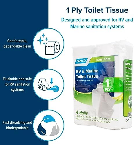 Camco Marine & RV Toilet Paper - 4-Rolls - 1-Ply Quick Dissolve RV & Marine Septic Safe Bath Tissue - Dye & Fragrance Free - 280 Sheets Per Roll (40275)