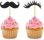 24 PCS Black Glitter Beard Eyelashes Cupcake Toppers Mini Moustaches Lashes Adult Ceremony Birthday Celebration Wedding Baby Shower Anniversary Party Cake Dessert Decorations Supplies Picks