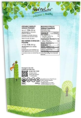 Organic Barley Grass Powder, 1 Pound – Non-GMO, Finely Ground Whole Dried Young Leaves, Pure, Kosher, Vegan, Bulk. Good Source of Fiber, Protein. Great for Juices, Smoothies, Shakes, Yogurts.