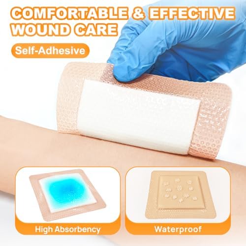 Carbou Silicone Super Absorbent Wound Dressing 5"x 5", 10 Individual Pack, Self-Adhesive Waterproof Bandage, Soft Highly Absorbent Dressing for Wound Care, Burns, Bedsores, Traumas & Surgical Wounds