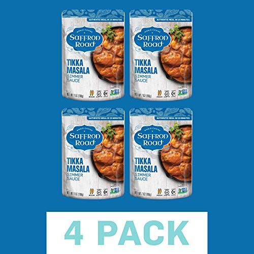 Saffron Road Tikka Masala Simmer Sauce | Globally Inspired Simmer Sauce | Gluten-free, Vegetarian, Non-GMO, and Certified Halal and Kosher | 7.0oz Pouch | Pack of 4